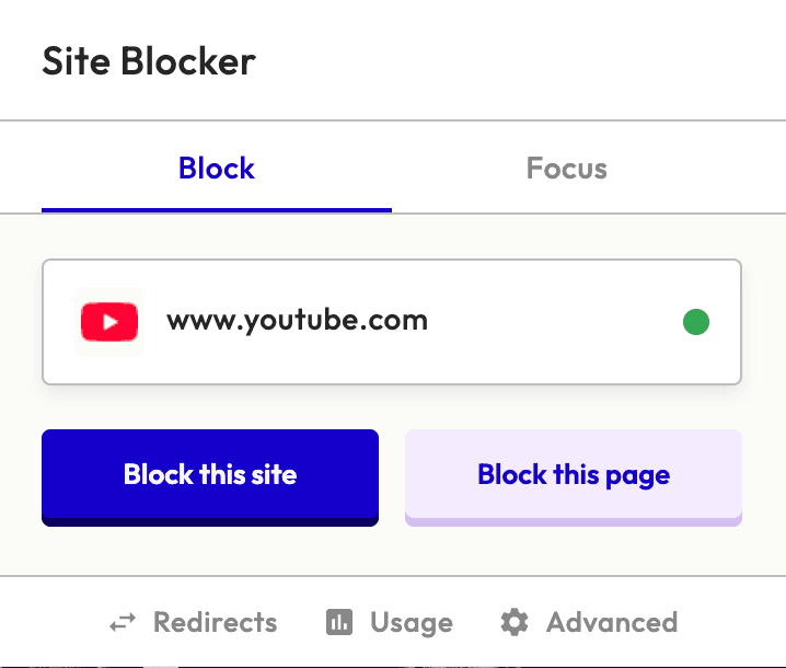 Site Blocker Chrome extension popup with Block this site and Block this page buttons