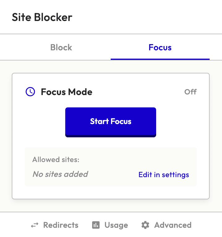 Site Blocker Focus Mode interface with countdown timer and whitelist settings